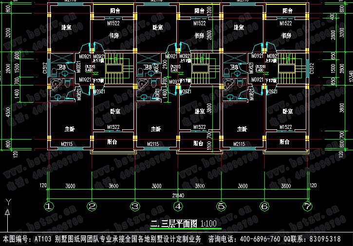 at103三层三户联排带车库阁楼别墅建筑施工设计图纸22m×12m